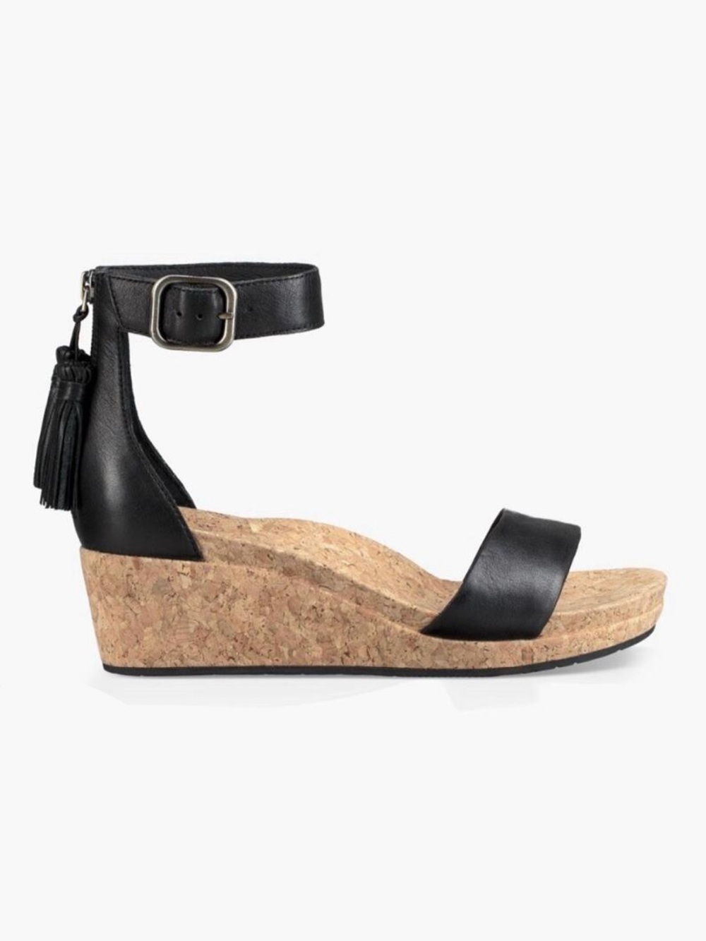 UGG Black Zoe Cork Tassel Wedge Sandals